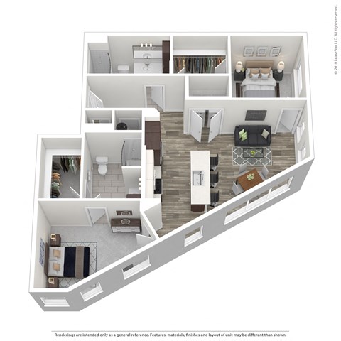 A 3D rendered image of a modern apartment layout.